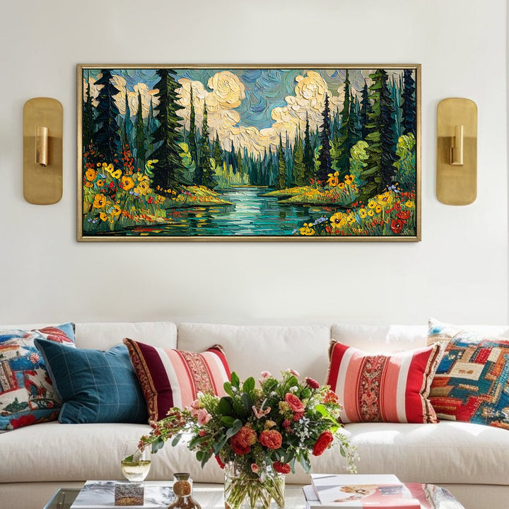 Vibrant Forest Scene with Sparkling River Wall Art, HD Canvas Print, Golden Floater Framed, Ready to Hang, (24 In x 48 In) (VNG-WA-02)