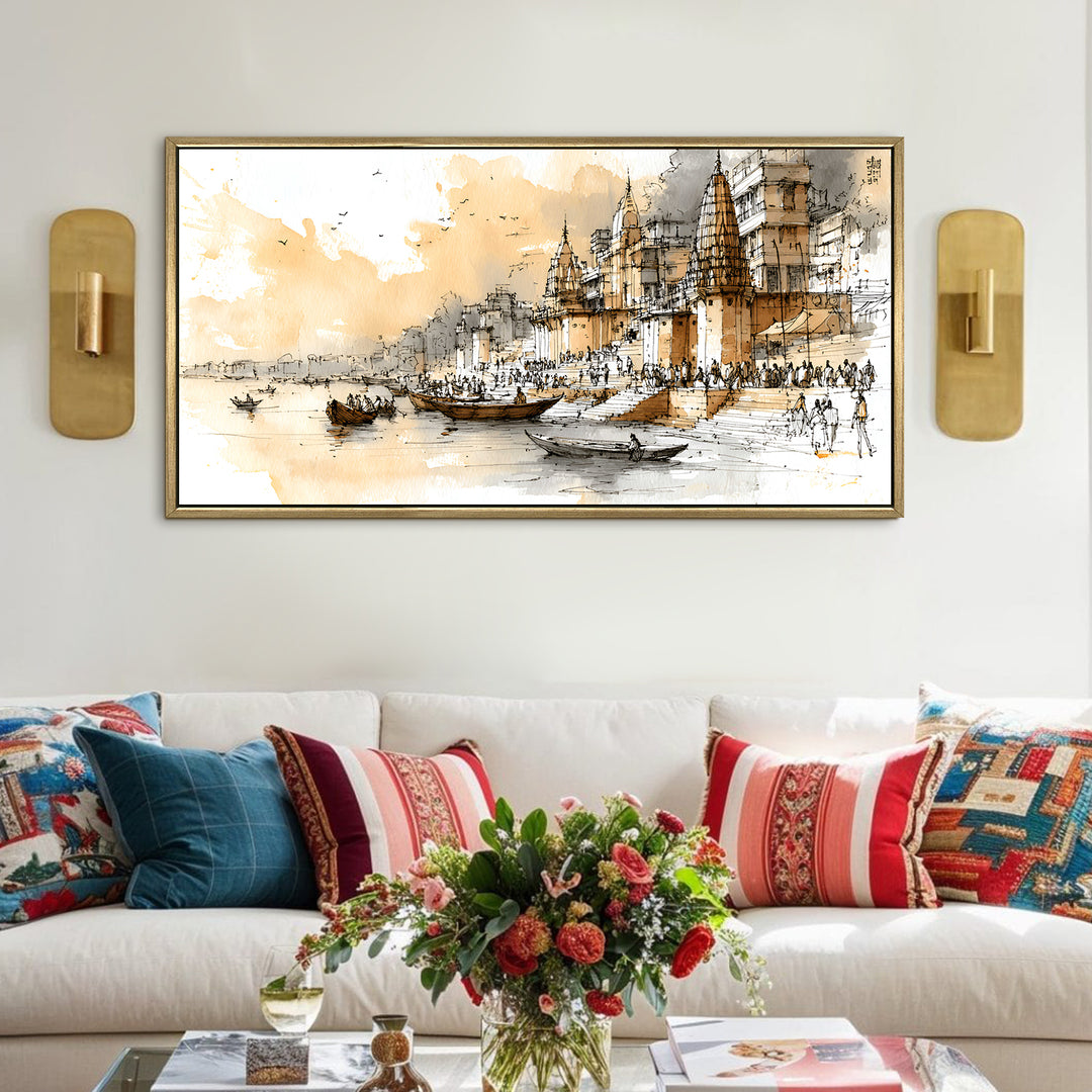 Banaras Ghats Painting Wall Art – Varanasi Riverfront with Golden Floater Frame – HD Print Large Canvas, Ready to Hang, Size: 2X4FT, (BAWA41)