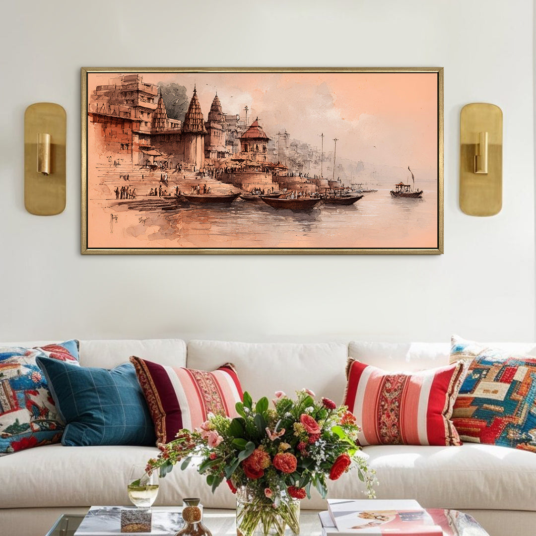 Banaras Ghats Painting Wall Art – Varanasi Riverfront with Golden Floater Frame – HD Print Large Canvas, Ready to Hang, Size: 2X4FT, (BAWA40)