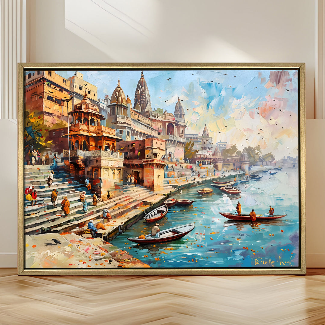 Banaras Ghats Painting Wall Art – Varanasi Riverfront with Golden Floater Frame – HD Print Large Canvas, Ready to Hang, Size: 3X4FT, (BAWA16)