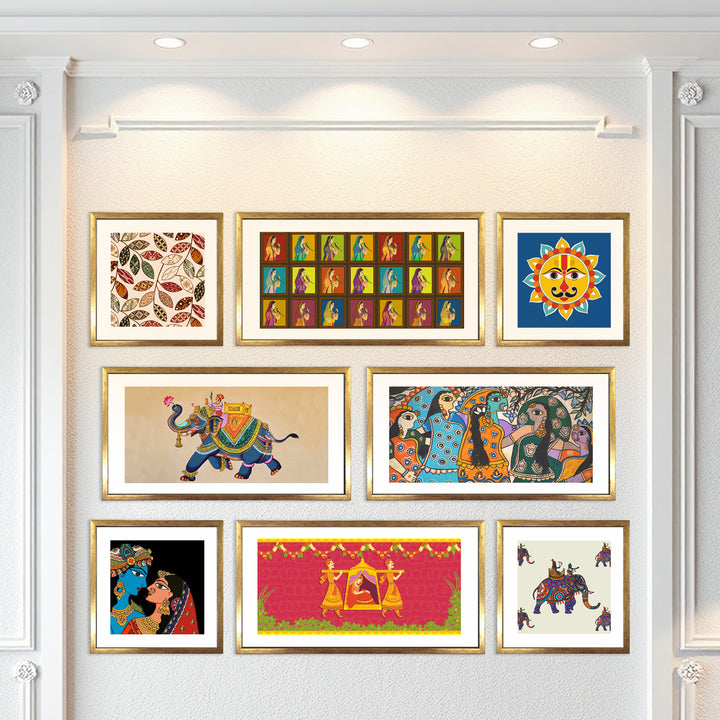 Indian Folk & Madhubani Art – Set of 8 Framed Acrylic Paintings in Golden Box Frames (INETHPA02)