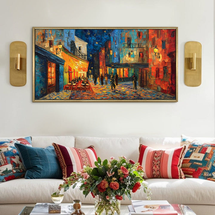 Colorful European Alley at Night – Abstract Wall Art, HD Canvas Print, Golden Floater Framed, Ready to Hang, (24 In x 48 In) (VNG-WA-01)