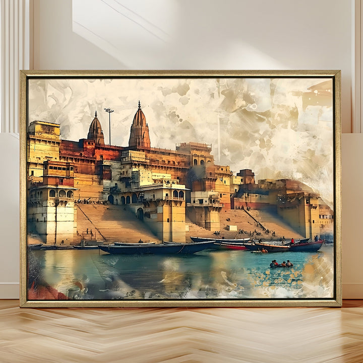 Banaras Ghats Painting Wall Art – Varanasi Riverfront with Golden Floater Frame – HD Print Large Canvas, Ready to Hang, Size: 3X4FT, (BAWA30)