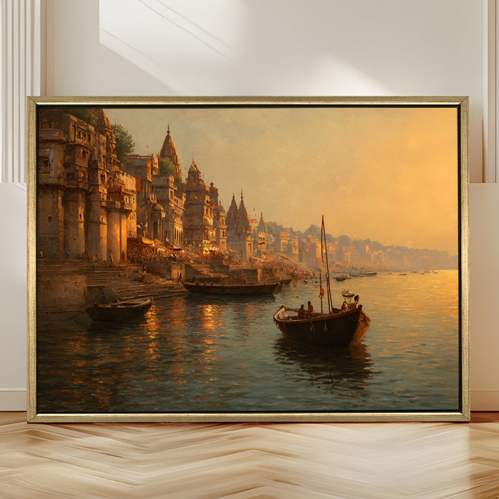 Banaras Ghats Painting Wall Art – Varanasi Riverfront with Golden Floater Frame – HD Print Large Canvas, Ready to Hang, Size: 3X4FT, (BAWA04)