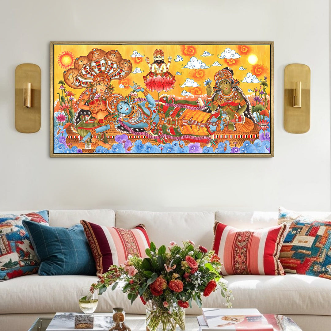 Kerala Mural Wall Art – Vishnu Ananthasayana HD Canvas Print | Painting with Lakshmi & Brahma – Spiritual Home & Temple Decor – Size: 2ft X 4ft (GOLDEN FLOATING FRAME) (KAMUWA04)