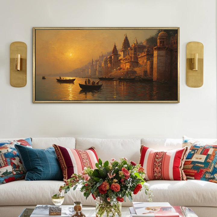 Banaras Ghats Painting Wall Art – Varanasi Riverfront with Golden Floater Frame – HD Print Large Canvas, Ready to Hang, Size: 2X4FT, (BAWA32)
