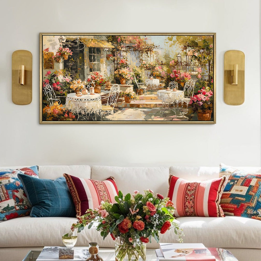Vintage Café Terrace Wall Art, HD Canvas Print, Golden Floater Framed, Ready to Hang, (24 In x 48 In). (EURP-WA-05)