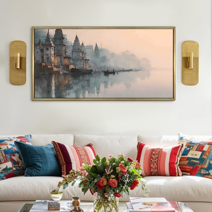 Banaras Ghats Painting Wall Art – Varanasi Riverfront with Golden Floater Frame – HD Print Large Canvas, Ready to Hang, Size: 2X4FT, (BAWA36)