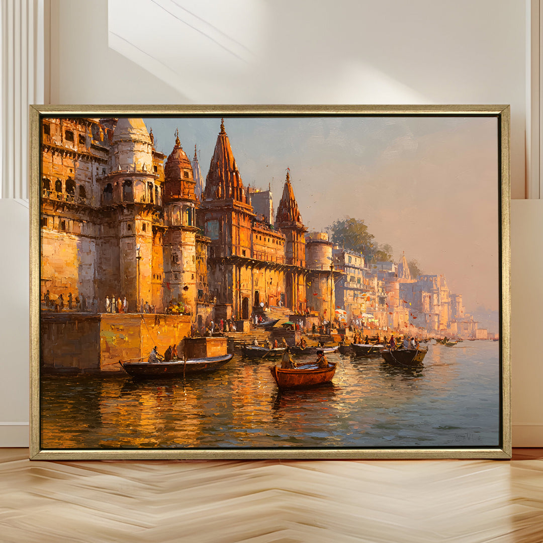 Banaras Ghats Painting Wall Art – Varanasi Riverfront with Golden Floater Frame – HD Print Large Canvas, Ready to Hang, Size: 3X4FT, (BAWA05)