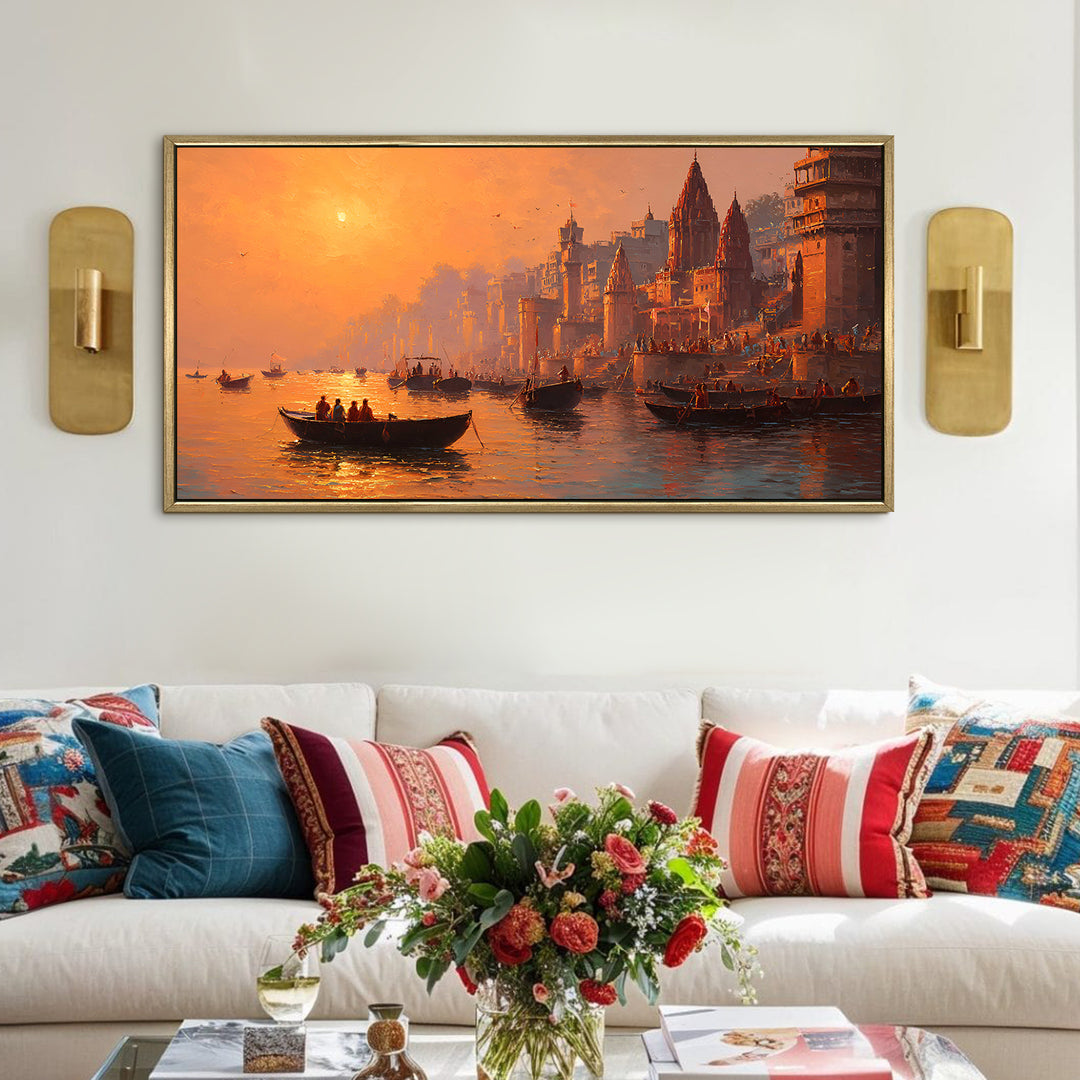 Banaras Ghats Painting Wall Art – Varanasi Riverfront with Golden Floater Frame – HD Print Large Canvas, Ready to Hang, Size: 2X4FT, (BAWA34)