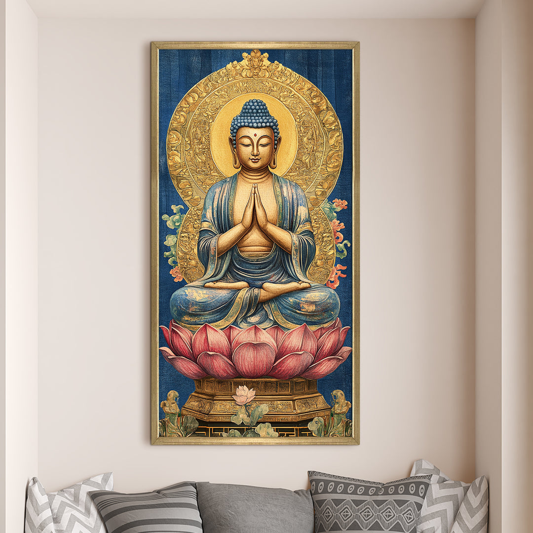 Golden Aura Buddha Portrait on Red Lotus Wall Art, HD Canvas Print, Golden Box Framed, Ready to Hang, (48 In x 24 In) (BDWA40)