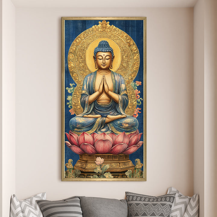 Golden Aura Buddha Portrait on Red Lotus Wall Art, HD Canvas Print, Golden Box Framed, Ready to Hang, (48 In x 24 In) (BDWA40)
