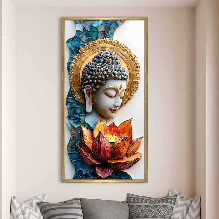 Golden Halo Buddha Wall Art, HD Canvas Print, Golden Box Framed, Ready to Hang, (48 In x 24 In) (BDWA36)