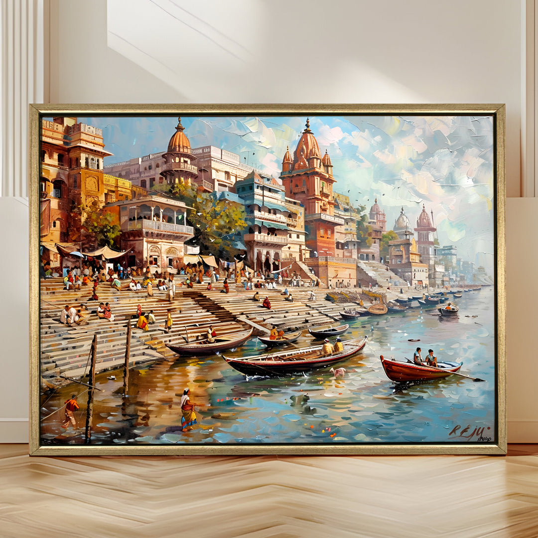 Banaras Ghats Painting Wall Art – Varanasi Riverfront with Golden Floater Frame – HD Print Large Canvas, Ready to Hang, Size: 3X4FT, (BAWA06)
