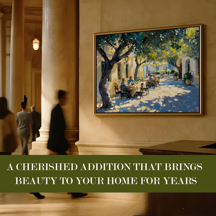 Courtyard dining under olive trees Wall Art, HD Canvas Print, Golden Floater Framed, Ready to Hang, (36 In x 48 In) (CITY-WA-03)