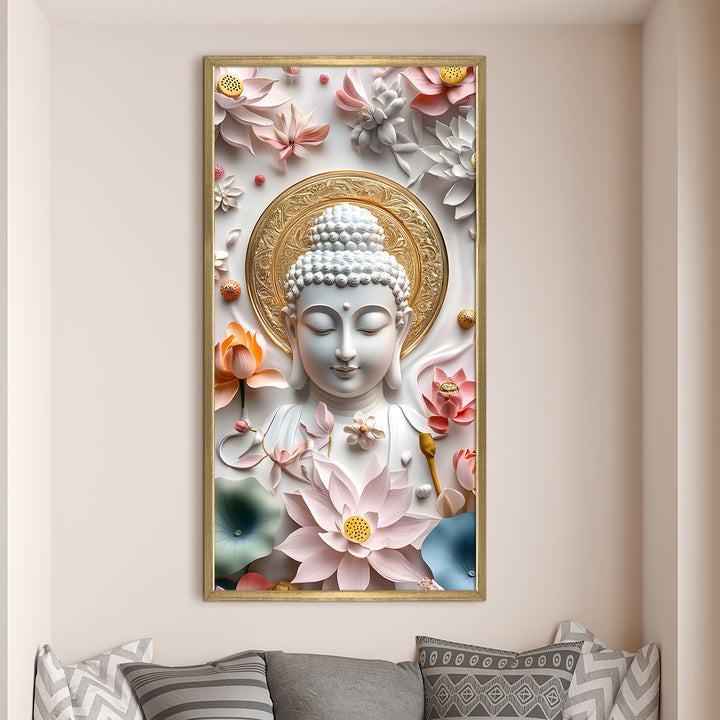 Golden Aura Buddha Portrait Wall Art, HD Canvas Print, Golden Box Framed, Ready to Hang, (48 In x 24 In) (BDWA35)