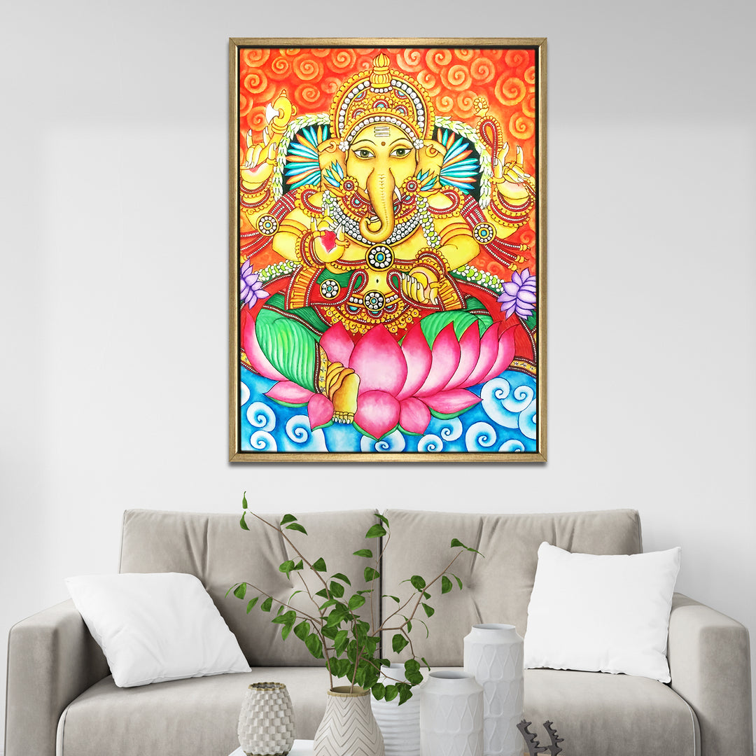 Kerala Mural Canvas Print Painting with Golden Floating Frame – Traditional Indian Wall Art for Home & Office Decor – Size: 3X4 Feet (KAMUWA06)