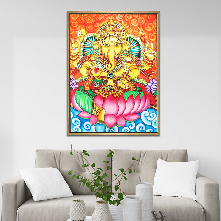 Kerala Mural Canvas Print Painting with Golden Floating Frame – Traditional Indian Wall Art for Home & Office Decor – Size: 3X4 Feet (KAMUWA06)