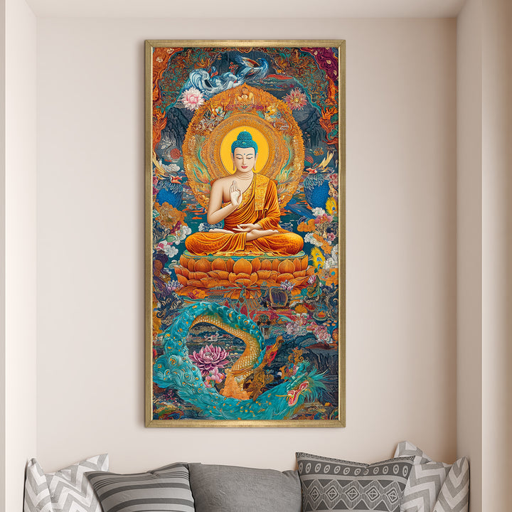 Colorful Spiritual Buddha Meditation Wall Art, HD Canvas Print, Golden Box Framed, Ready to Hang, (48 In x 24 In) (BDWA34)