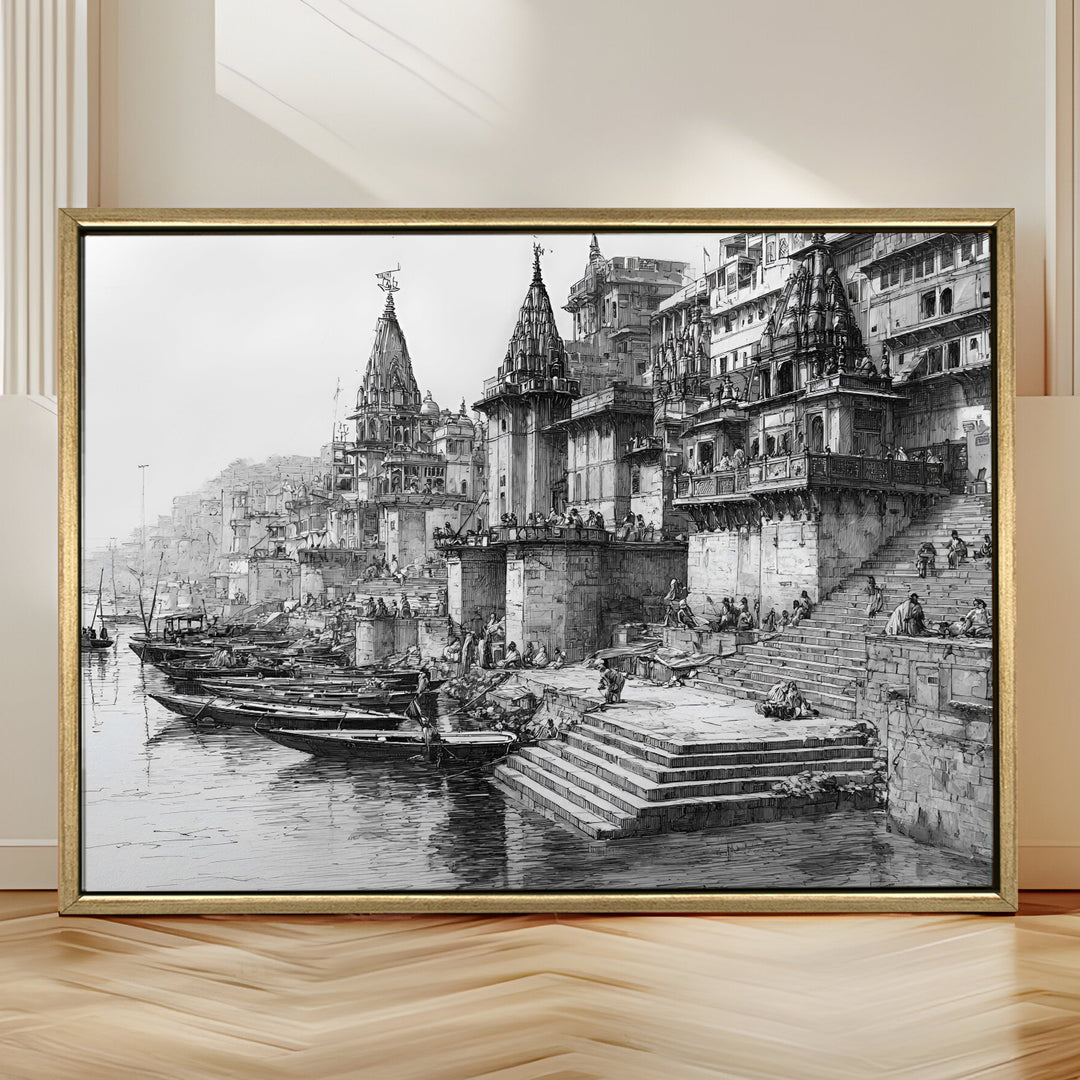 Banaras Ghats Painting Wall Art – Varanasi Riverfront with Golden Floater Frame – HD Print Large Canvas, Ready to Hang, Size: 3X4FT, (BAWA11)