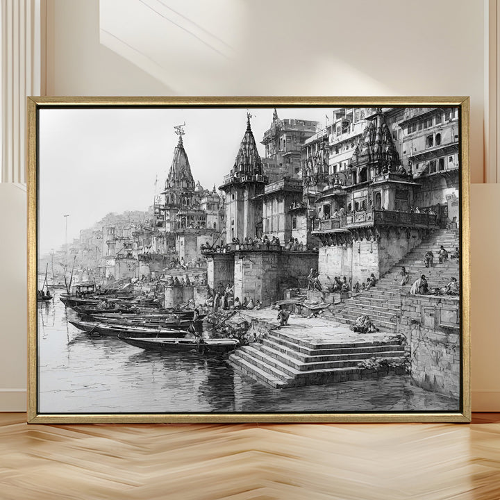 Banaras Ghats Painting Wall Art – Varanasi Riverfront with Golden Floater Frame – HD Print Large Canvas, Ready to Hang, Size: 3X4FT, (BAWA11)