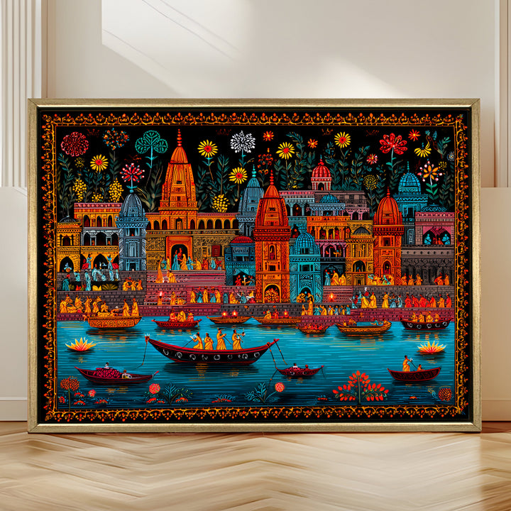 Banaras Ghats Painting Wall Art – Varanasi Riverfront with Golden Floater Frame – HD Print Large Canvas, Ready to Hang, Size: 3X4FT, (BAWA23)