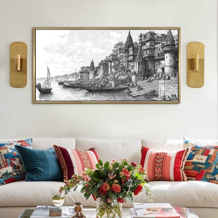Banaras Ghats Painting Wall Art – Varanasi Riverfront with Golden Floater Frame – HD Print Large Canvas, Ready to Hang, Size: 2X4FT, (BAWA38)