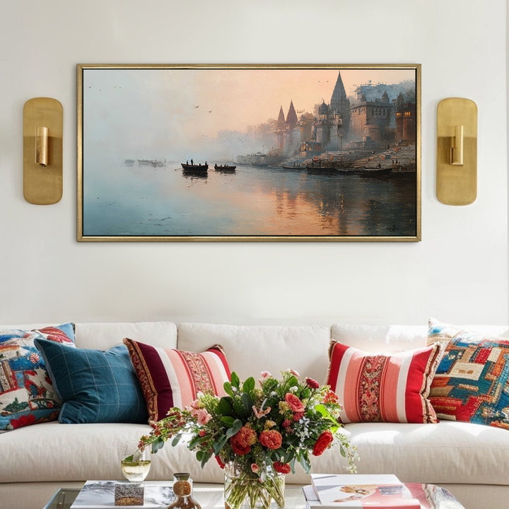 Banaras Ghats Painting Wall Art – Varanasi Riverfront with Golden Floater Frame – HD Print Large Canvas, Ready to Hang, Size: 2X4FT, (BAWA37)