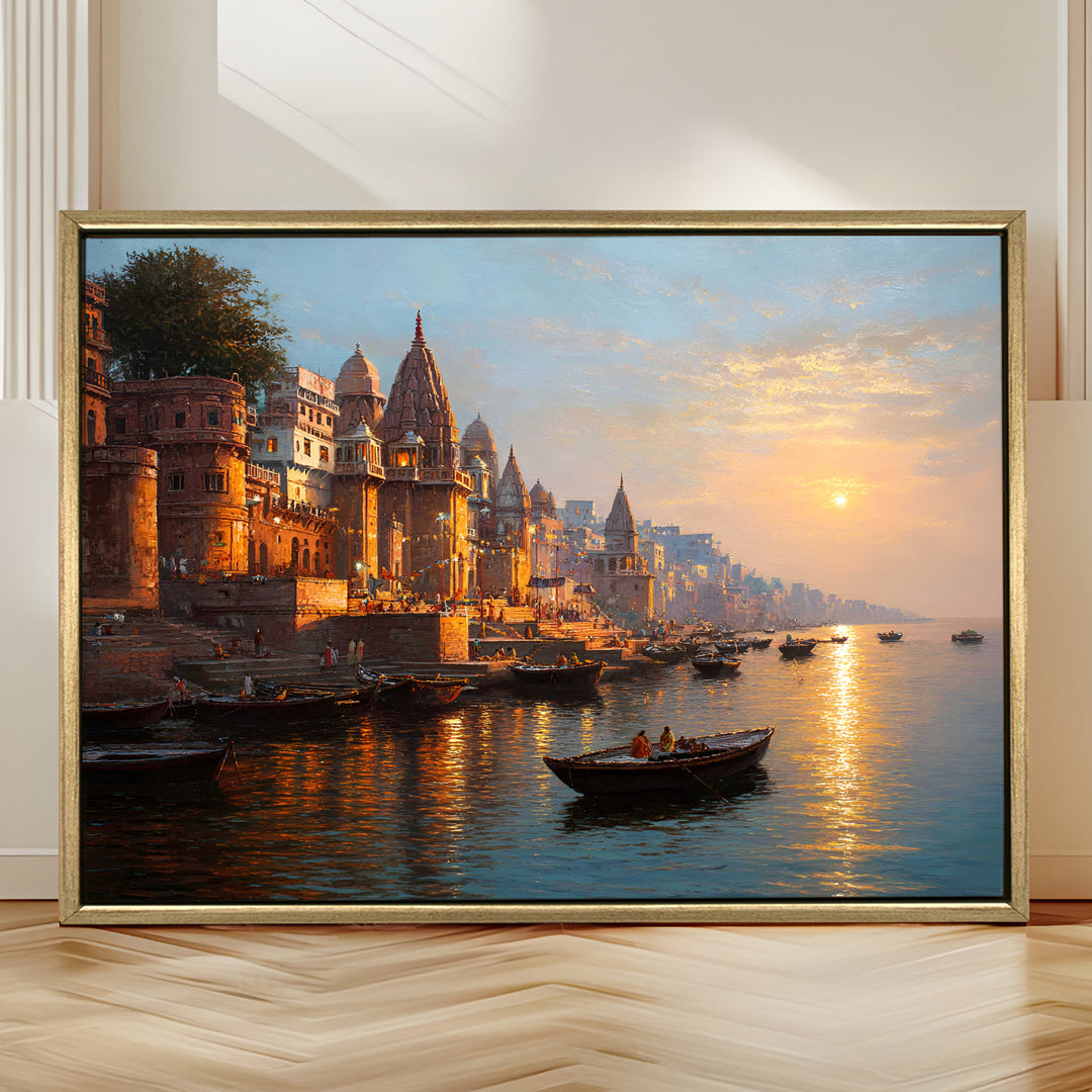Banaras Ghats Painting Wall Art – Varanasi Riverfront with Golden Floater Frame – HD Print Large Canvas, Ready to Hang, Size: 3X4FT, (BAWA03)