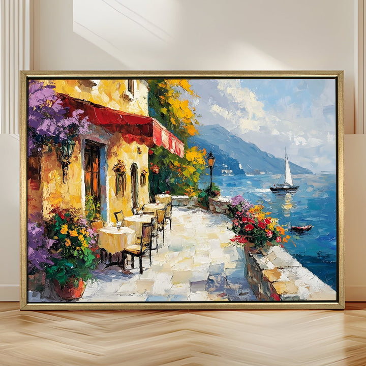 Seaside Italian restaurant terrace at golden hour Wall Art, HD Canvas Print, Golden Floater Framed, Ready to Hang, (36 In x 48 In) (CAFE-WA-13)