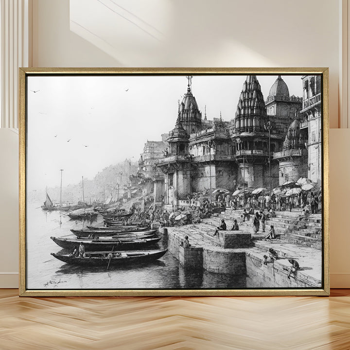 Banaras Ghats Painting Wall Art – Varanasi Riverfront with Golden Floater Frame – HD Print Large Canvas, Ready to Hang, Size: 3X4FT, (BAWA10)