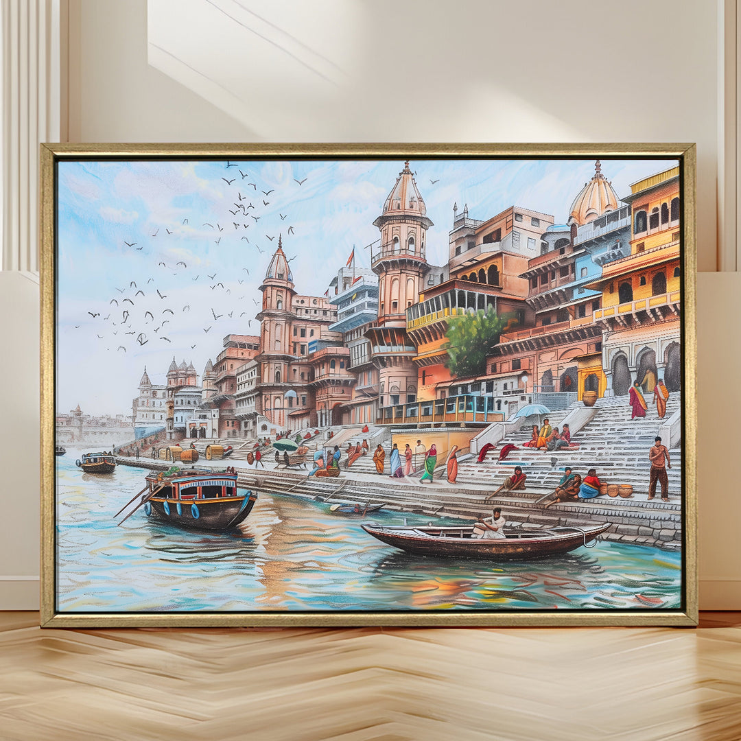 Banaras Ghats Painting Wall Art – Varanasi Riverfront with Golden Floater Frame – HD Print Large Canvas, Ready to Hang, Size: 3X4FT, (BAWA07)