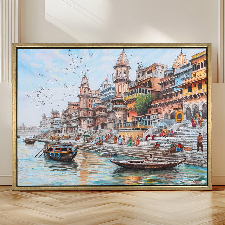 Banaras Ghats Painting Wall Art – Varanasi Riverfront with Golden Floater Frame – HD Print Large Canvas, Ready to Hang, Size: 3X4FT, (BAWA07)
