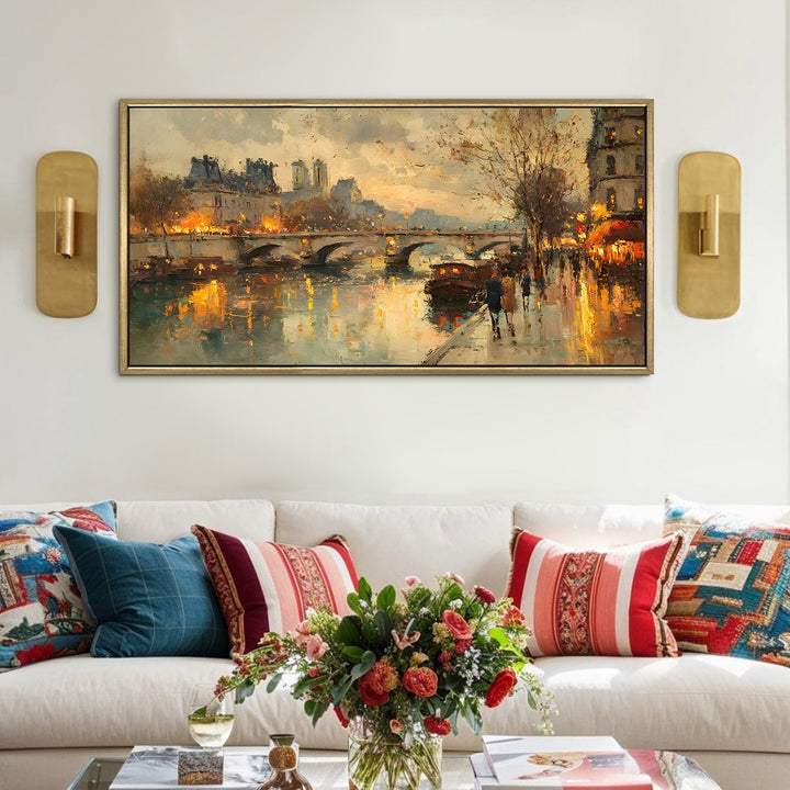 Vintage Riverfront Cityscape Wall Art, HD Canvas Print, Golden Floater Framed, Ready to Hang, (24 In x 48 In). (EURP-WA-06)