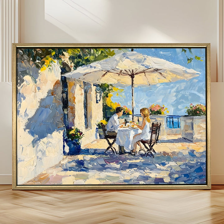 Breezy coastal breakfast café in Monaco Wall Art, HD Canvas Print, Golden Floater Framed, Ready to Hang, (36 In x 48 In) (CAFE-WA-09)