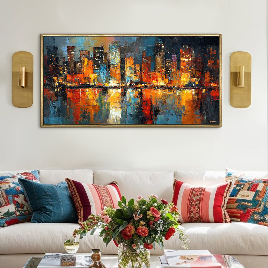 City Skyline Reflected on Water Wall Art, HD Canvas Print, Golden Floater Framed, Ready to Hang, (24 In x 48 In) (ABS-WA-01)