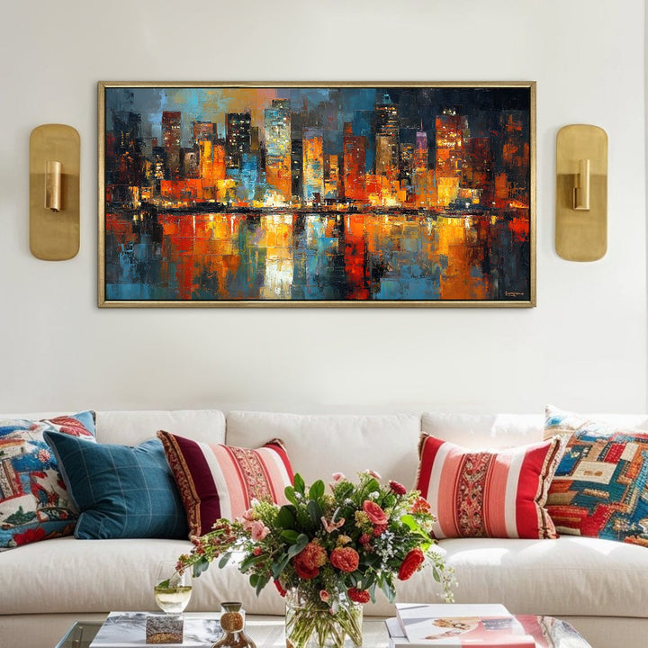 City Skyline Reflected on Water Wall Art, HD Canvas Print, Golden Floater Framed, Ready to Hang, (24 In x 48 In) (ABS-WA-01)