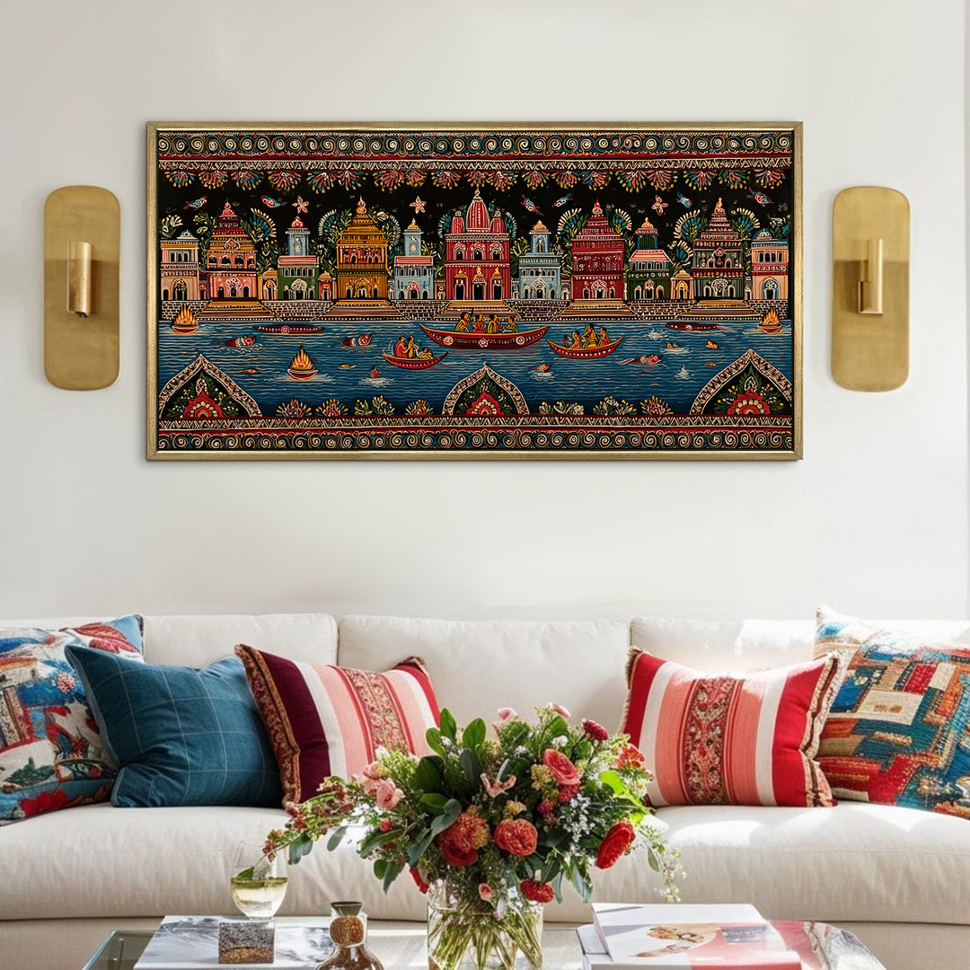 Banaras Ghats Painting Wall Art – Varanasi Riverfront with Golden Floater Frame – HD Print Large Canvas, Ready to Hang, Size: 2X4FT, (BAWA43)