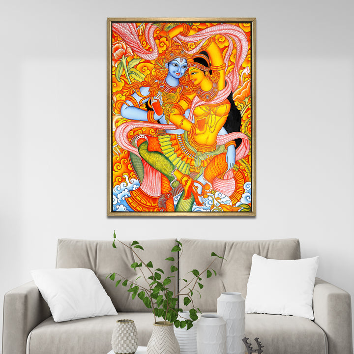 Kerala Mural Canvas Print Painting with Golden Floating Frame – Traditional Indian Wall Art for Home & Office Decor – Size: 3X4 Feet (KAMUWA08)