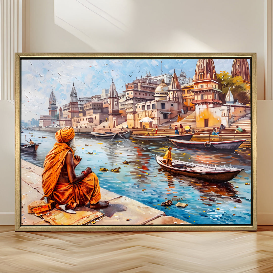 Banaras Ghats Painting Wall Art – Varanasi Riverfront with Golden Floater Frame – HD Print Large Canvas, Ready to Hang, Size: 3X4FT, (BAWA27)