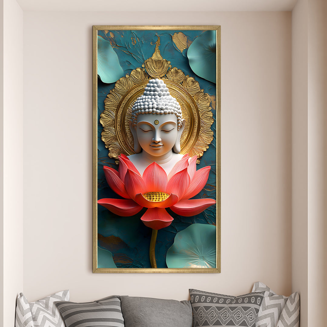 Buddha Portrait with Lotus Wall Art, HD Canvas Print, Golden Box Framed, Ready to Hang, (48 In x 24 In) (BDWA39)