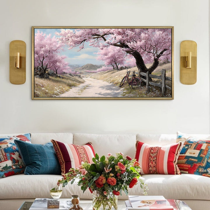 Vintage Bicycle Countryside Wall Art, HD Canvas Print, Golden Floater Framed, Ready to Hang, (24 In x 48 In). (EURP-WA-04)
