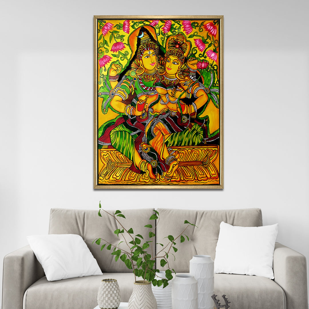 Kerala Mural Canvas Print Painting with Golden Floating Frame – Traditional Indian Wall Art for Home & Office Decor – Size: 3X4 Feet (KAMUWA05)