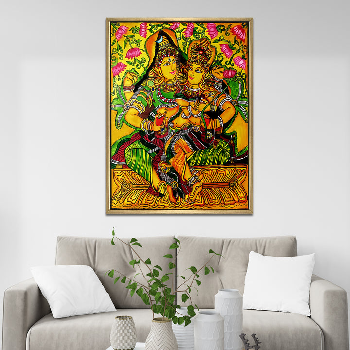 Kerala Mural Canvas Print Painting with Golden Floating Frame – Traditional Indian Wall Art for Home & Office Decor – Size: 3X4 Feet (KAMUWA05)