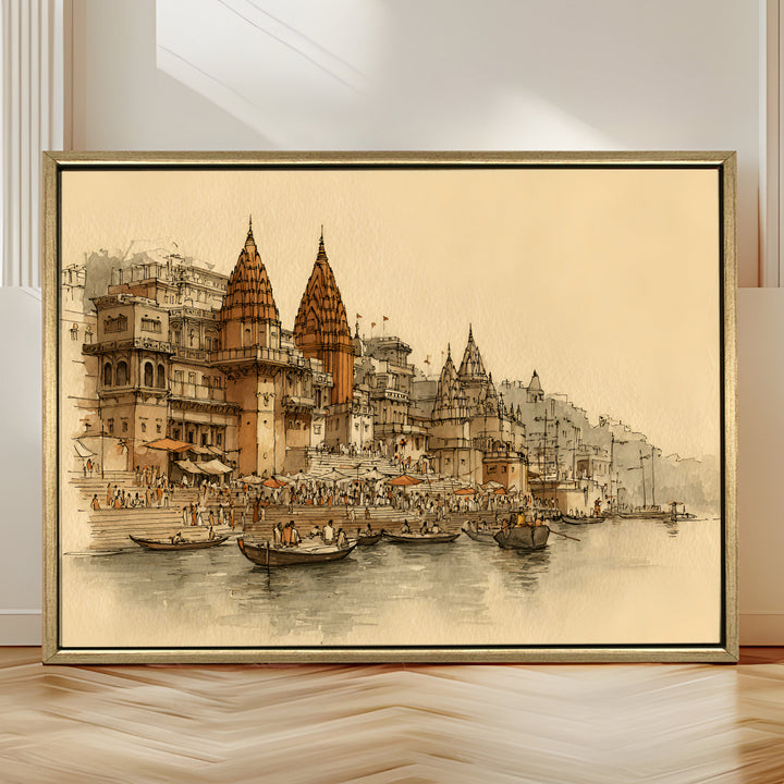 Banaras Ghats Painting Wall Art – Varanasi Riverfront with Golden Floater Frame – HD Print Large Canvas, Ready to Hang, Size: 3X4FT, (BAWA14)