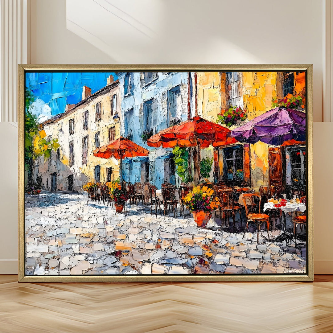 Cobblestone market square in southern France Wall Art, HD Canvas Print, Golden Floater Framed, Ready to Hang, (36 In x 48 In) (CAFE-WA-17)