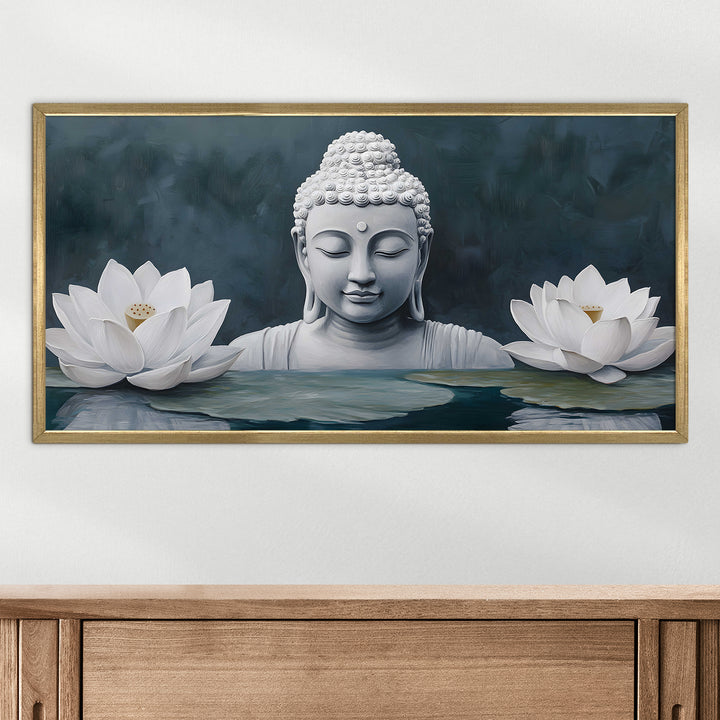 Buddha with White Lotus Wall Art, HD Canvas Print, Golden Box Framed, Ready to Hang, (24 In x 48 In) (BDWA33)