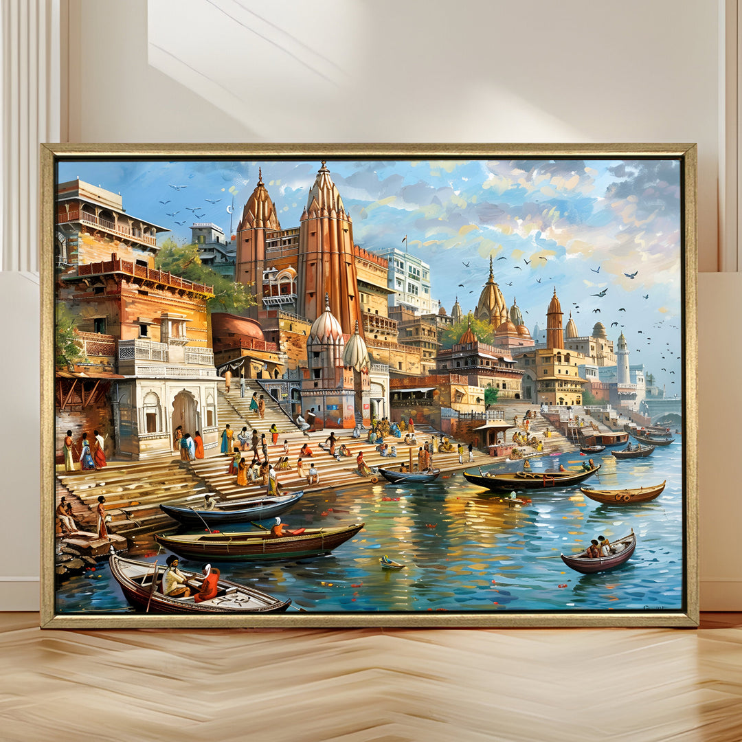 Banaras Ghats Painting Wall Art – Varanasi Riverfront with Golden Floater Frame – HD Print Large Canvas, Ready to Hang, Size: 3X4FT, (BAWA24)