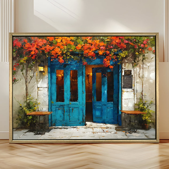 Rustic Greek café with blue doors and hanging vines Wall Art, HD Canvas Print, Golden Floater Framed, Ready to Hang, (36 In x 48 In) (CAFE-WA-15)