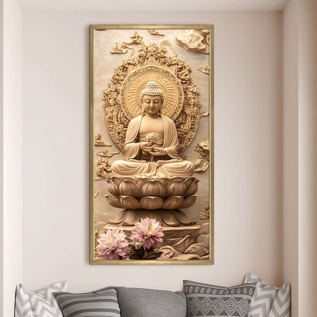 Divine Buddha Meditation Portrait Wall Art, HD Canvas Print, Golden Box Framed, Ready to Hang, (48 In x 24 In) (BDWA37)